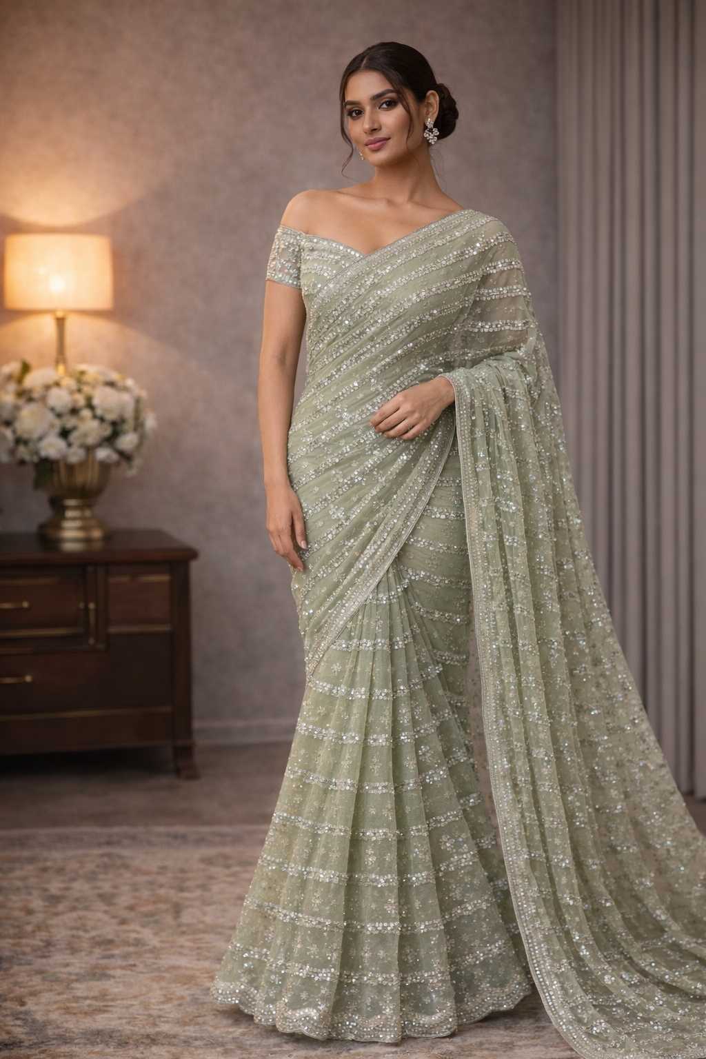 Sage Green Sequin Saree with Embellished Blouse