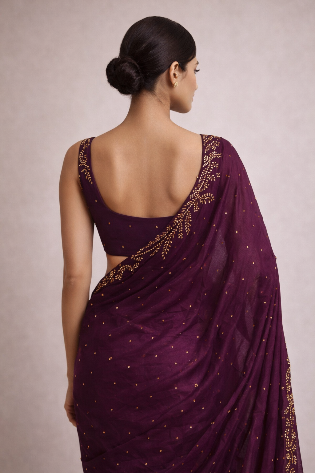 Wine Hand-Embellished Saree Set