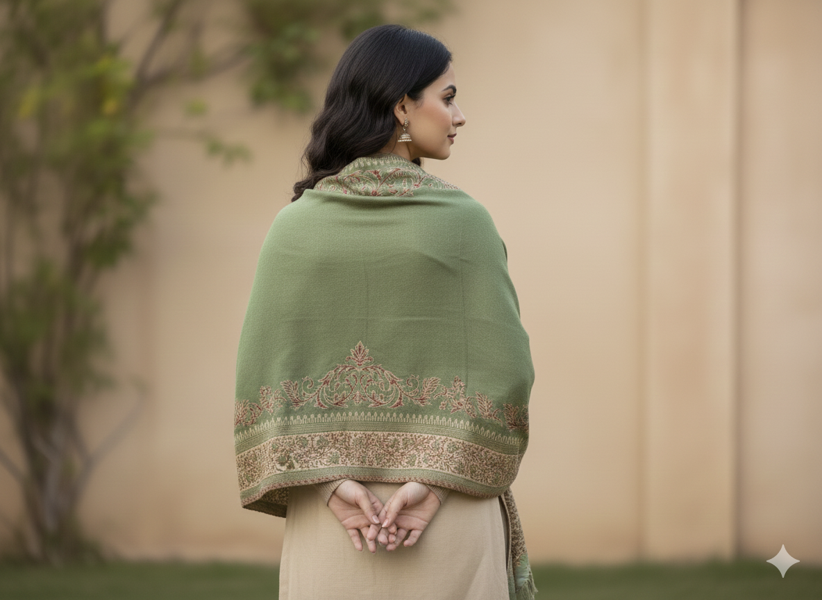 Olive Green Kashmiri-Style Woolen Shawl with Intricate Border