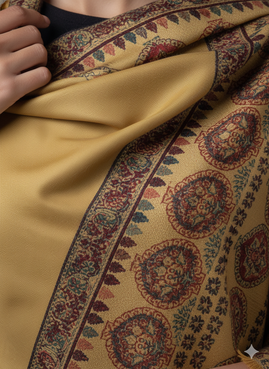 Mustard Kashmiri-Style Woolen Shawl with Traditional Medallion Motifs