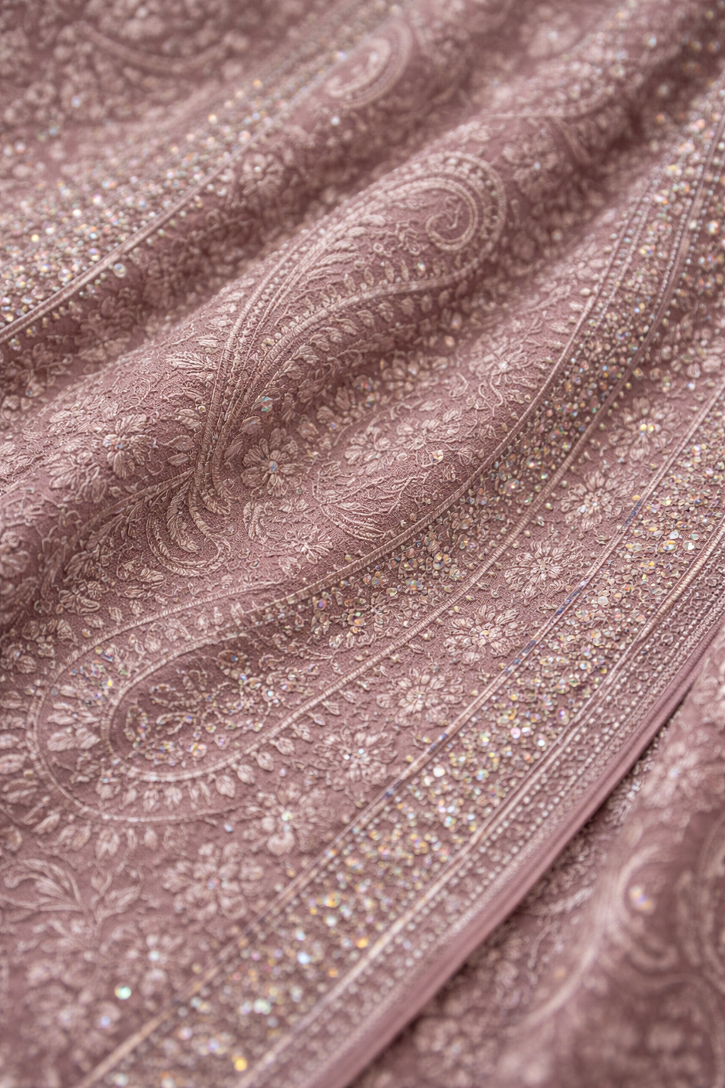 Mauve-Pink Hand-Embroidered Paisley Saree
