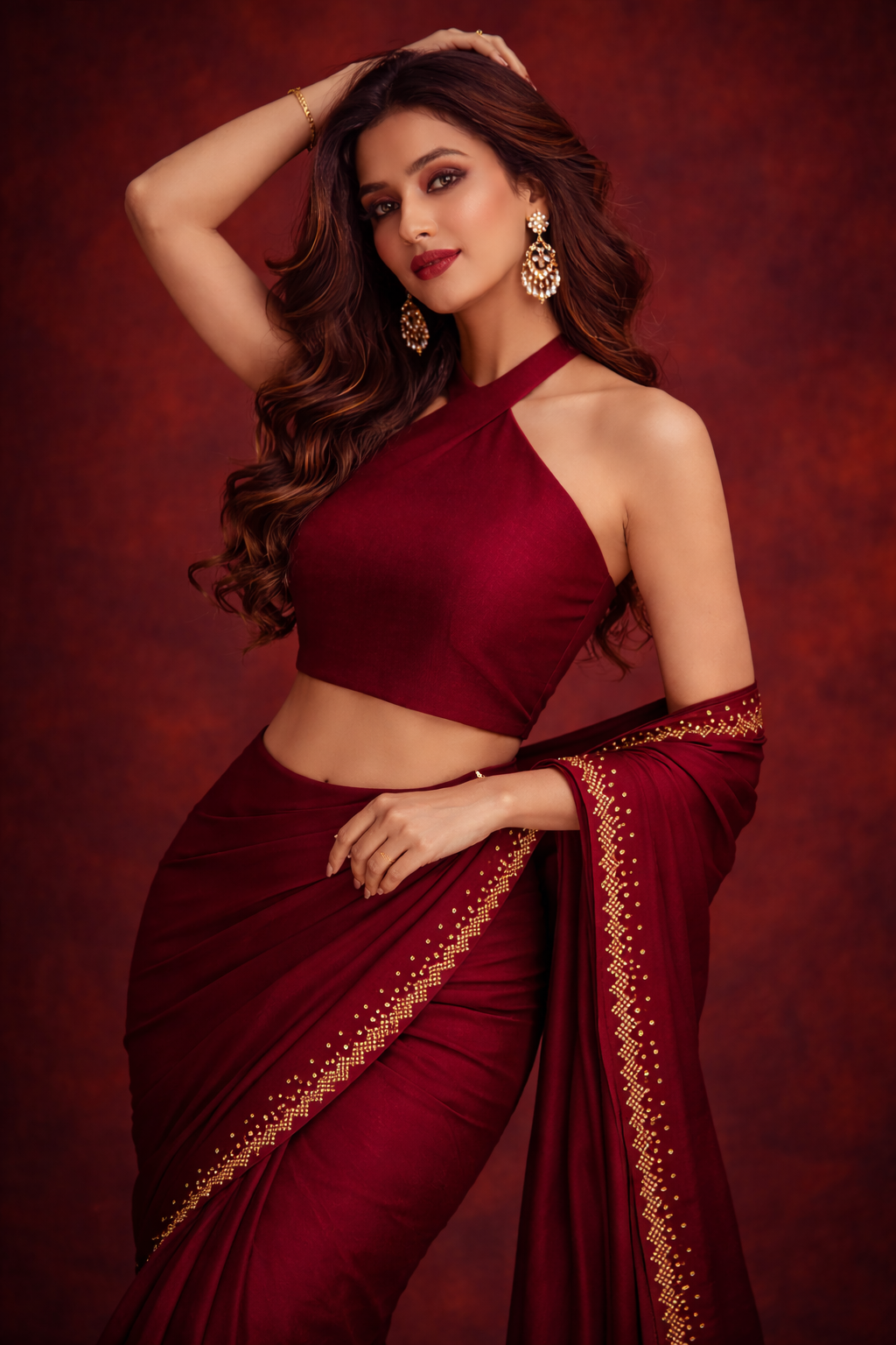Wine Red Satin Saree with Gold Embellished Border
