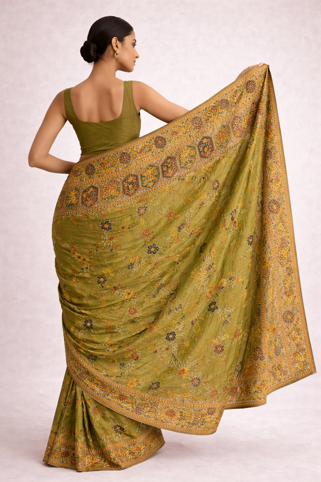 Olive Green Embroidered Saree