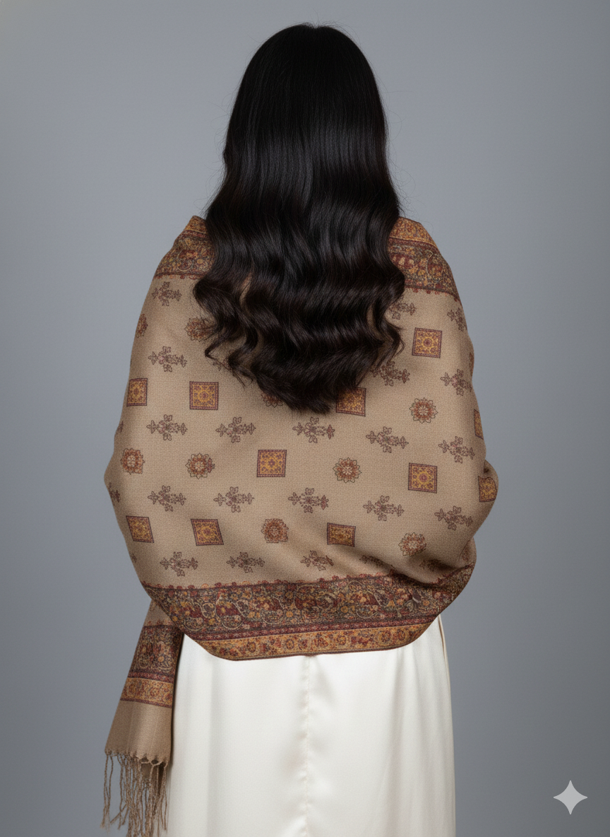 Warm Taupe Kashmiri-Style Woolen Shawl with Traditional Motifs