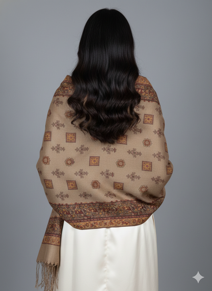 Warm Taupe Kashmiri-Style Woolen Shawl with Traditional Motifs