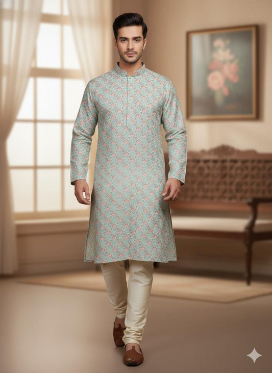 Men's Mint Green Floral Print Kurta Set with Cream Churidar