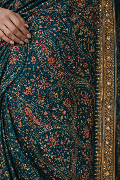 Teal Hand-Embroidered Saree with Multicolour Motifs