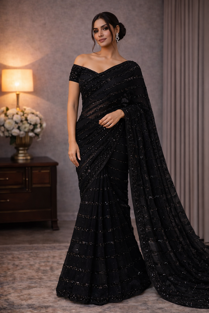 Midnight Noir Sequin Net Saree