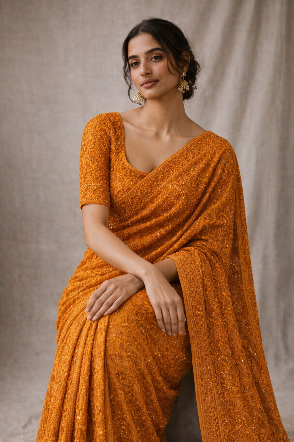 Mustard Hand-Embroidered Saree