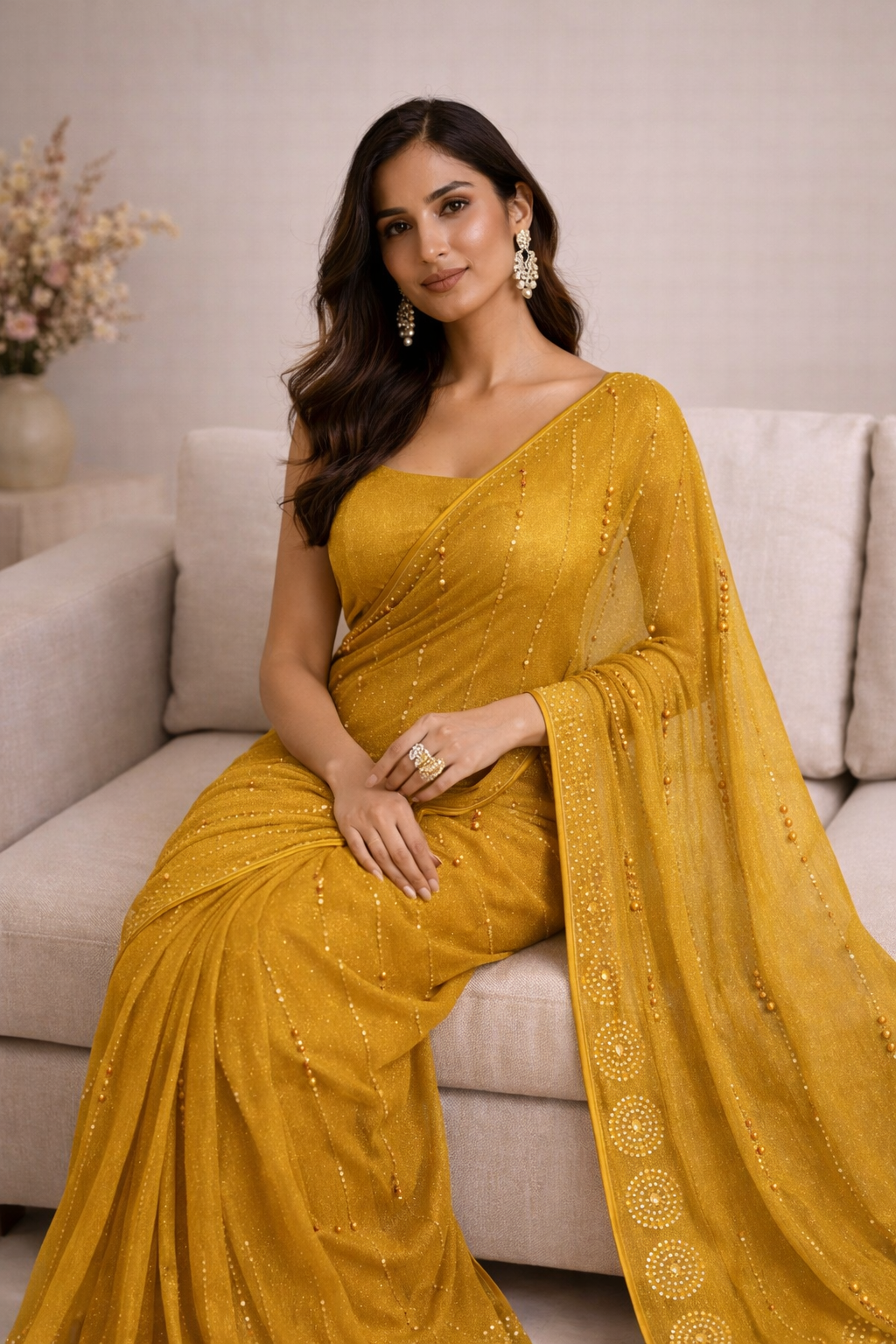 Mustard Gold Hand-Embellished Saree