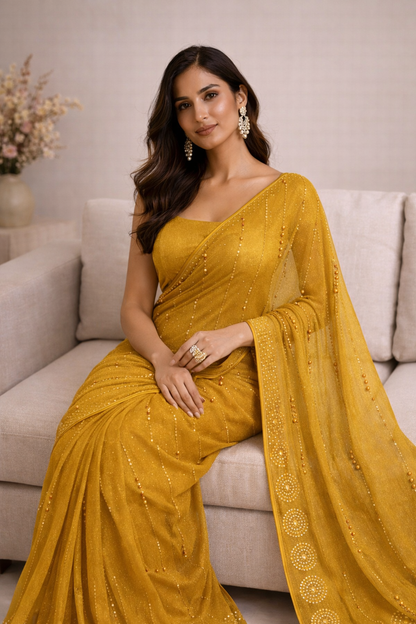 Mustard Gold Hand-Embellished Saree