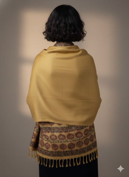 Mustard Kashmiri-Style Woolen Shawl with Traditional Medallion Motifs