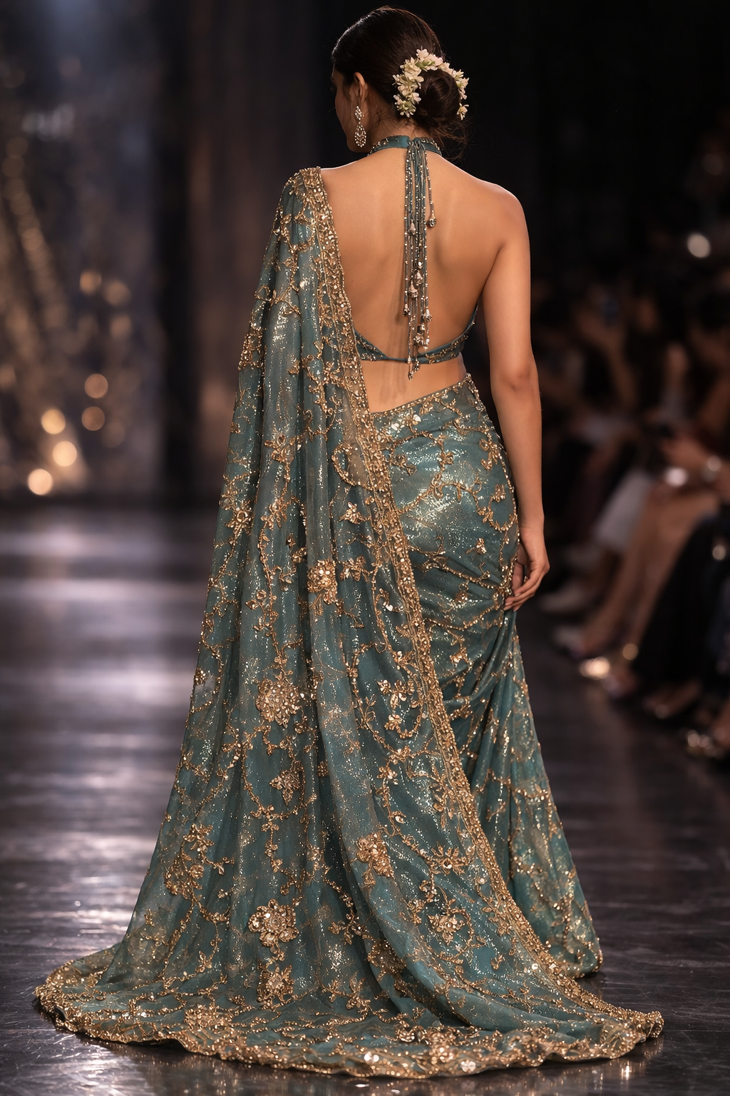 Celeste Teal Embroidered Net Saree