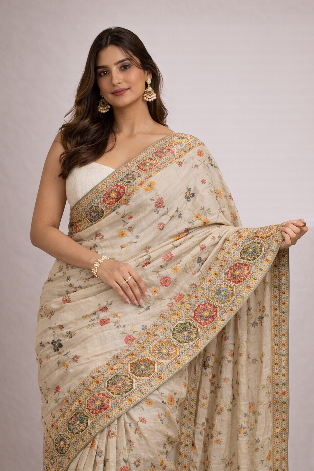 Ivory Floral Embroidered Saree