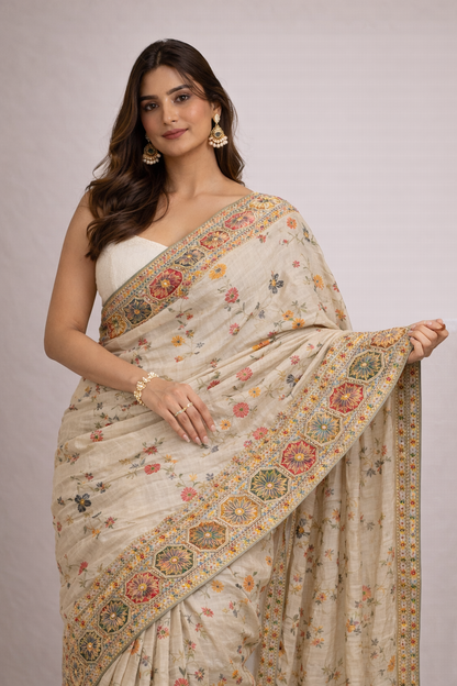 Ivory Floral Embroidered Saree