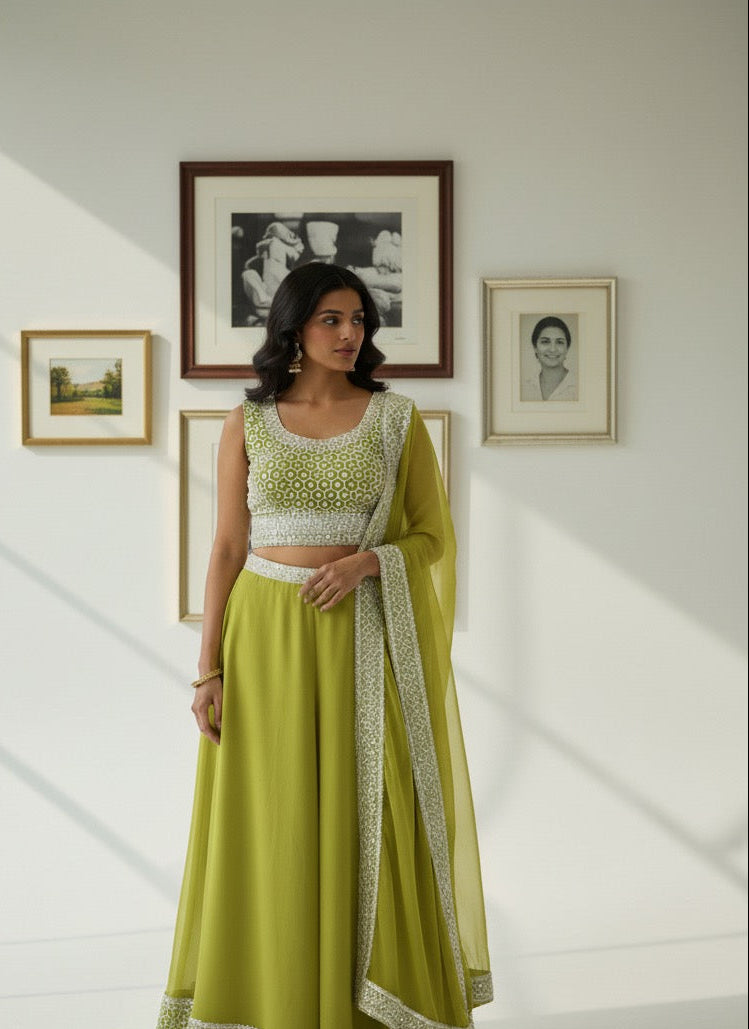 Chic Lime Green Palazzo Set with Embroidered Crop Top &amp; Dupatta
