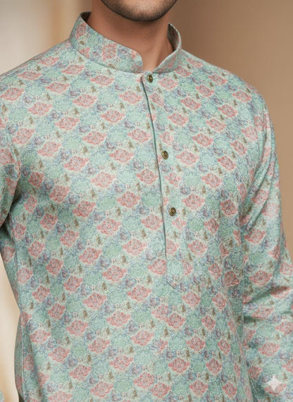 Men's Mint Green Floral Print Kurta Set with Cream Churidar