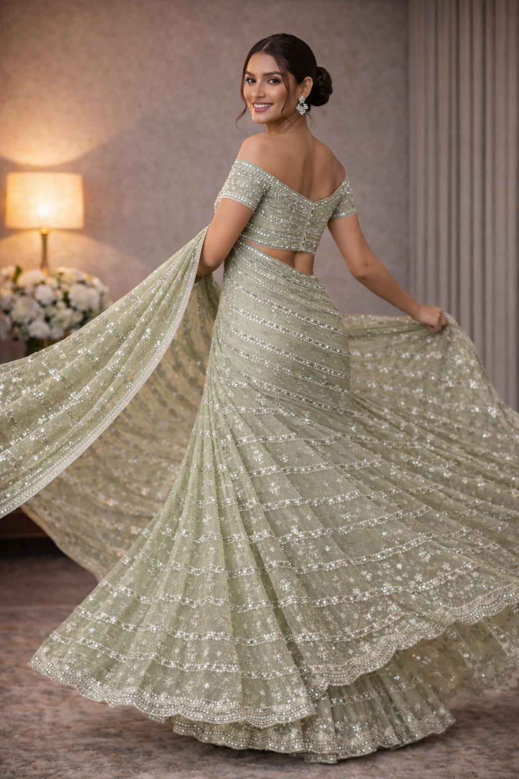 Sage Green Sequin Saree with Embellished Blouse