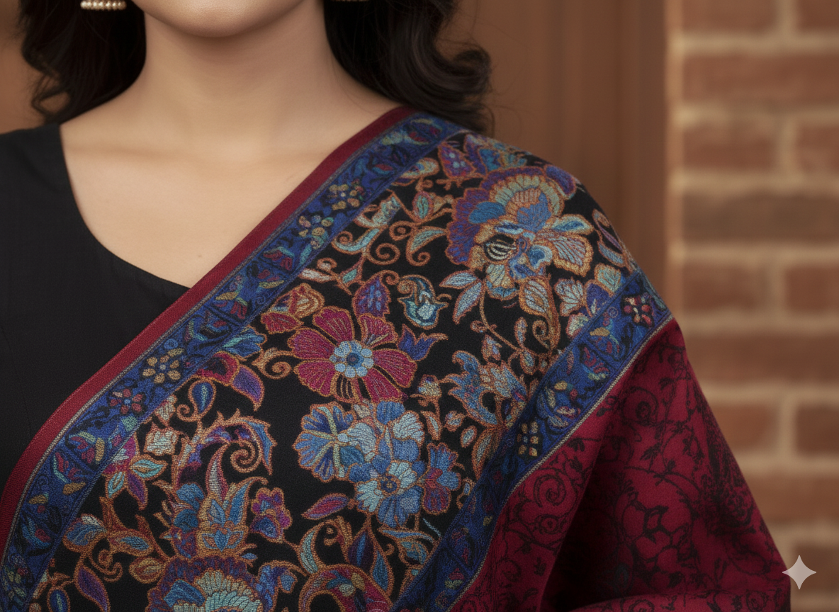 Maroon &amp; Midnight Blue Kashmiri-Style Woolen Shawl with Floral Weave