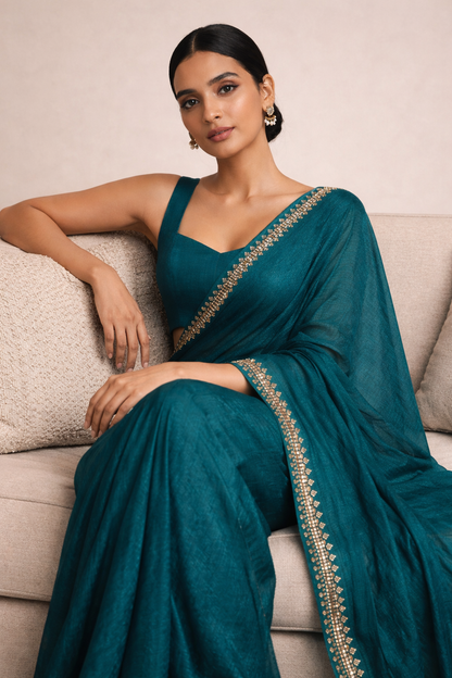 Teal Green Hand-Embellished Saree