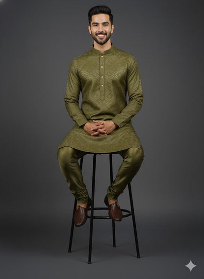 Olive Green Jacquard Pattern Kurta Set