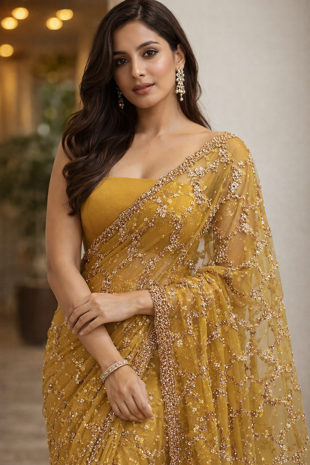 Golden Radiance Sequin Net Saree