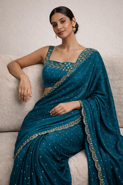 Teal Blue Hand-Embellished Saree Set
