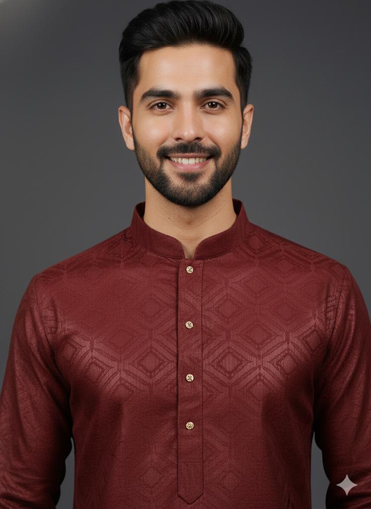 Majestic Maroon Geometric Weave Jacquard Kurta Set