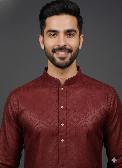 Majestic Maroon Geometric Weave Jacquard Kurta Set