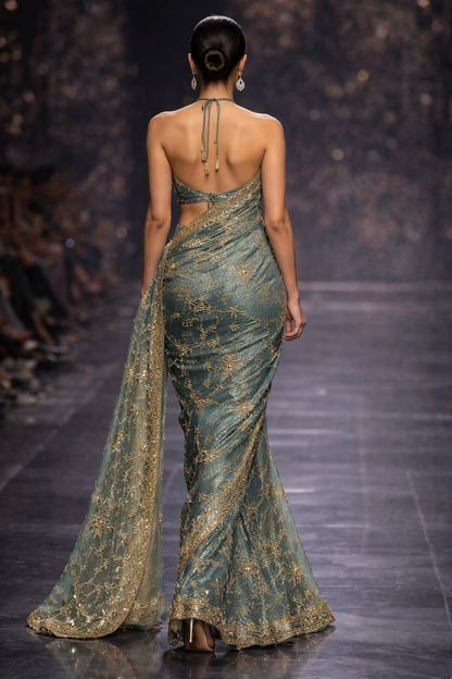 Celeste Teal Embroidered Net Saree