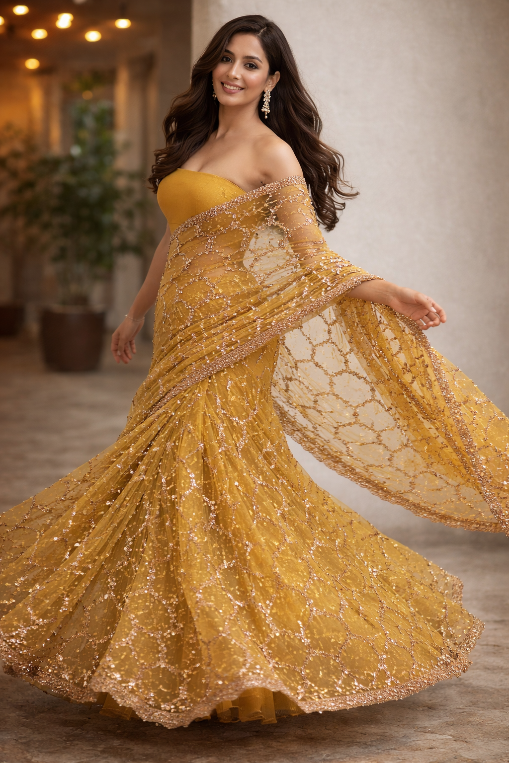 Golden Radiance Sequin Net Saree
