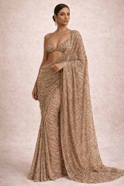 Golden Sequin Net Saree – Statement Glam