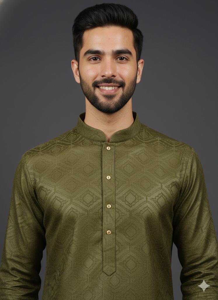 Olive Green Jacquard Pattern Kurta Set