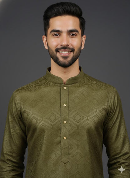 Olive Green Jacquard Pattern Kurta Set