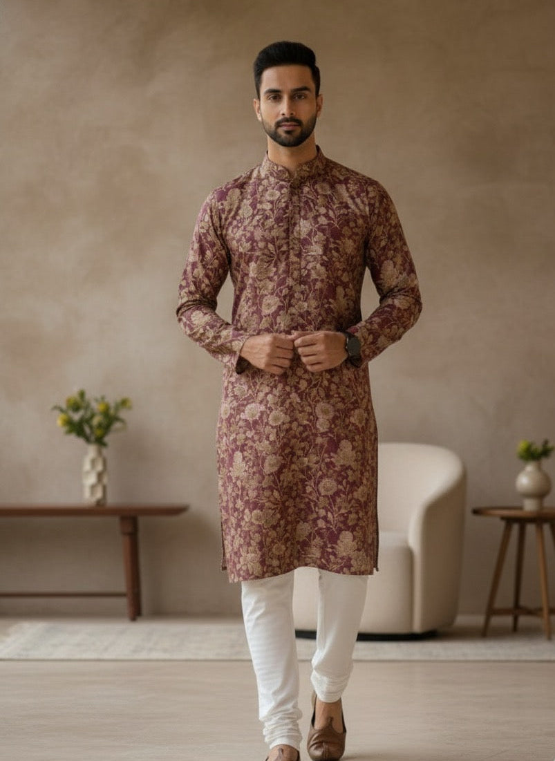 Men's Maroon Floral Print Kurta Set