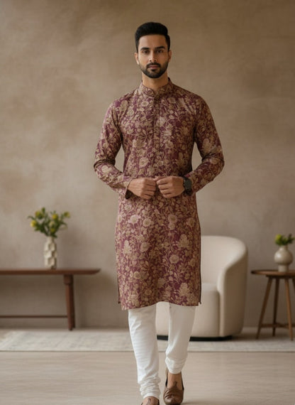 Men's Maroon Floral Print Kurta Set