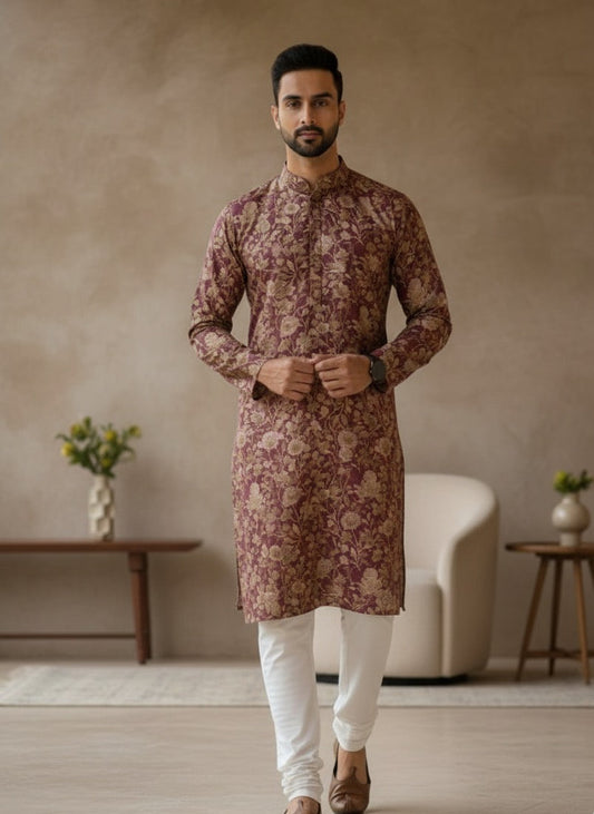 Men's Maroon Floral Print Kurta Set