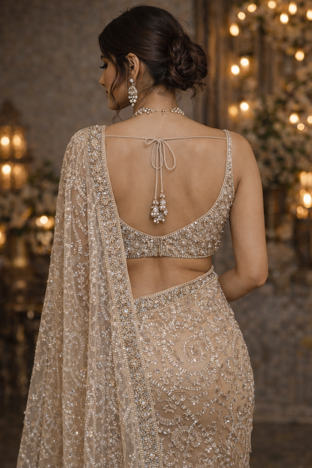 Champagne Crystal Embellished Net Saree