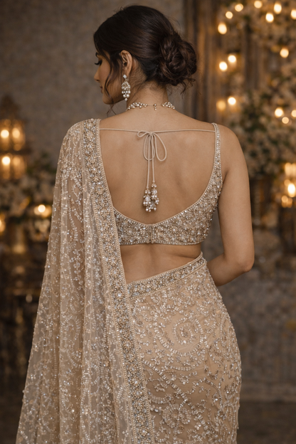 Champagne Crystal Embellished Net Saree