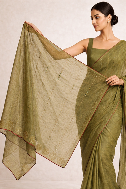 Olive Green Hand-Embellished Saree