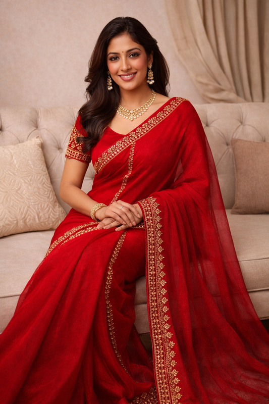 Classic Red Embroidered Saree