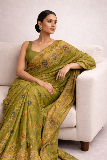 Olive Green Embroidered Saree