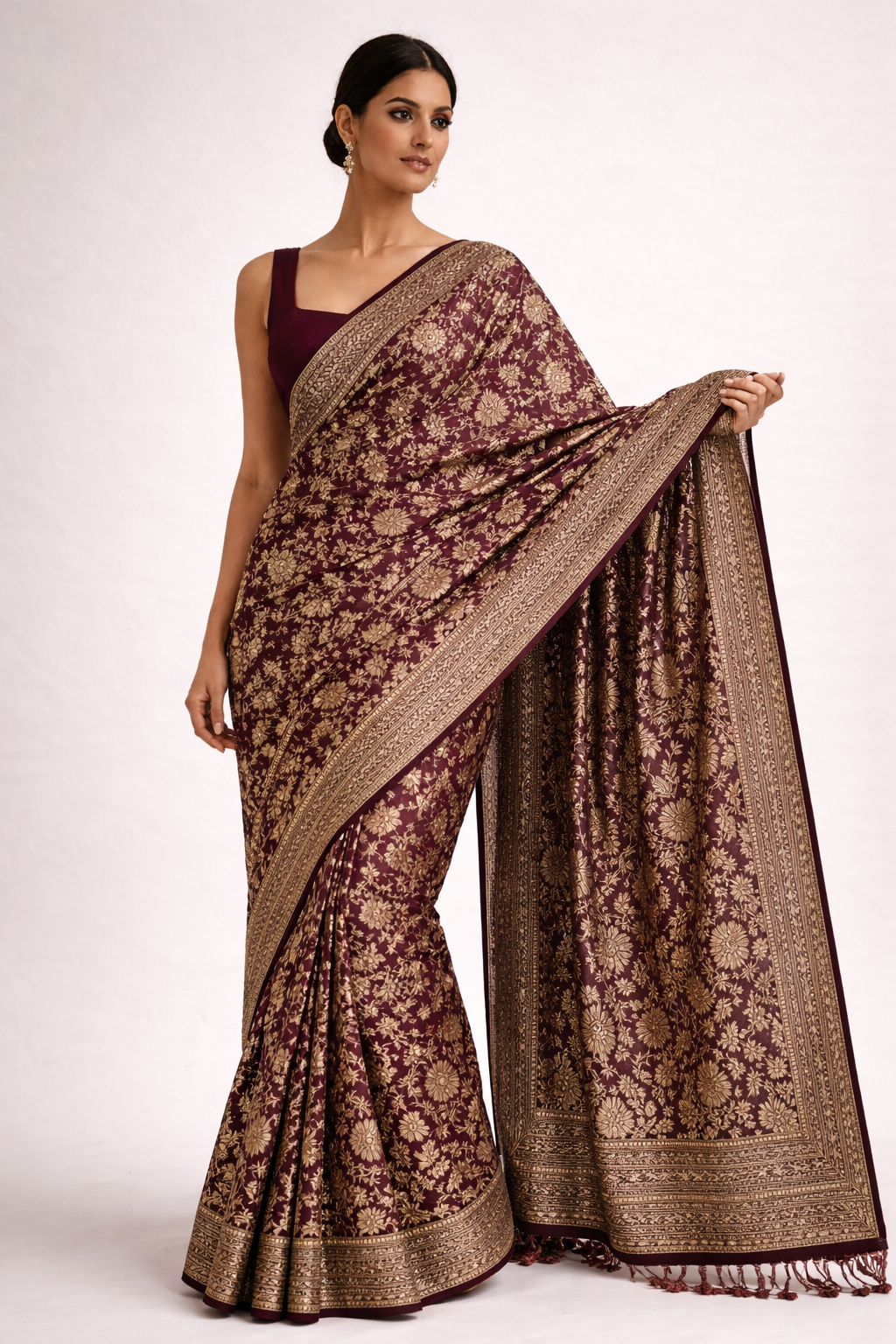 Wine Red Floral Brocade Saree