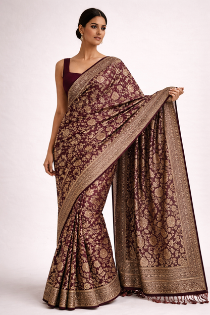Wine Red Floral Brocade Saree