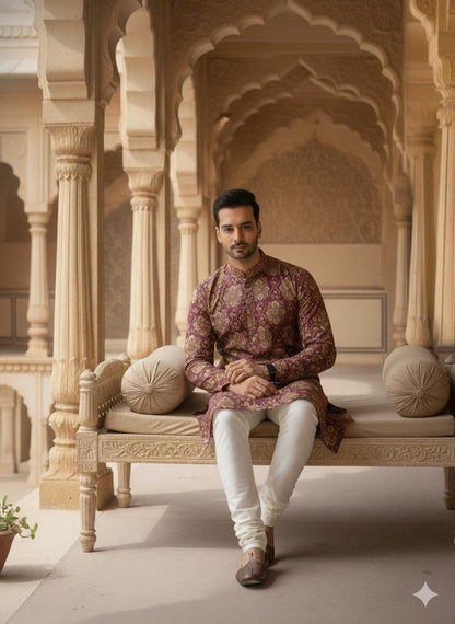 Men's Maroon Floral Print Kurta Set