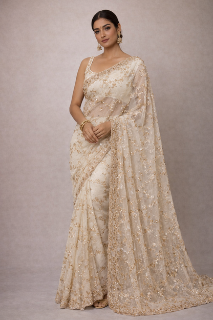 Ivory Gold Sequin Saree