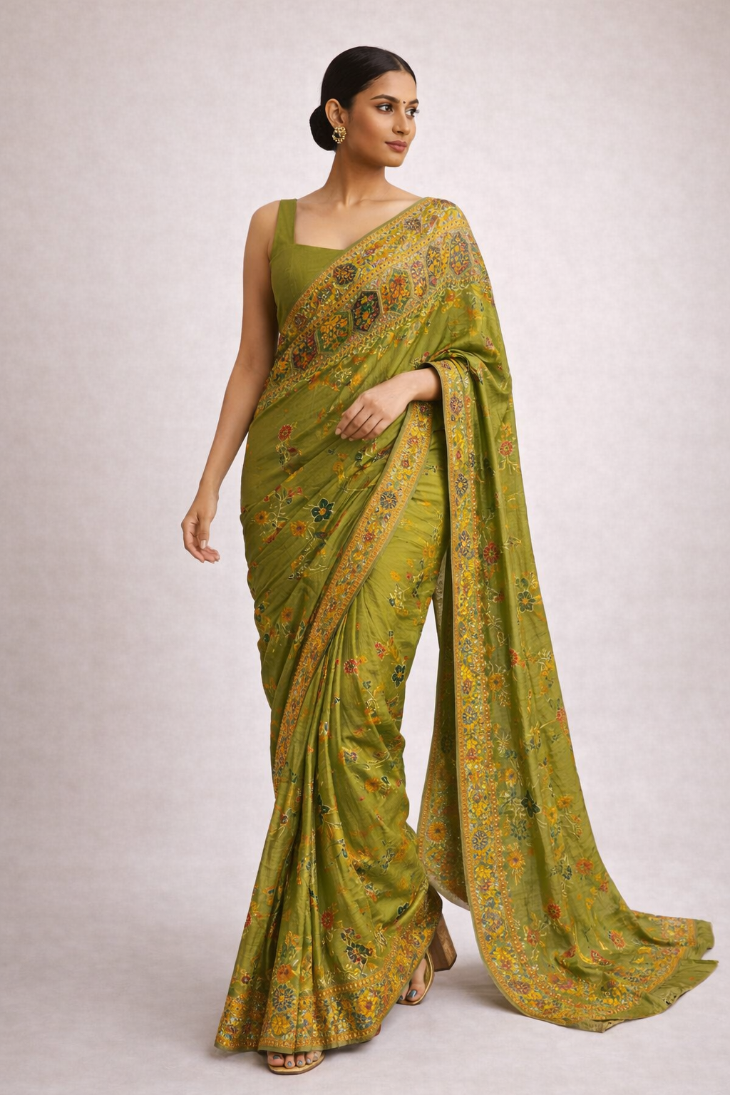 Olive Green Embroidered Saree