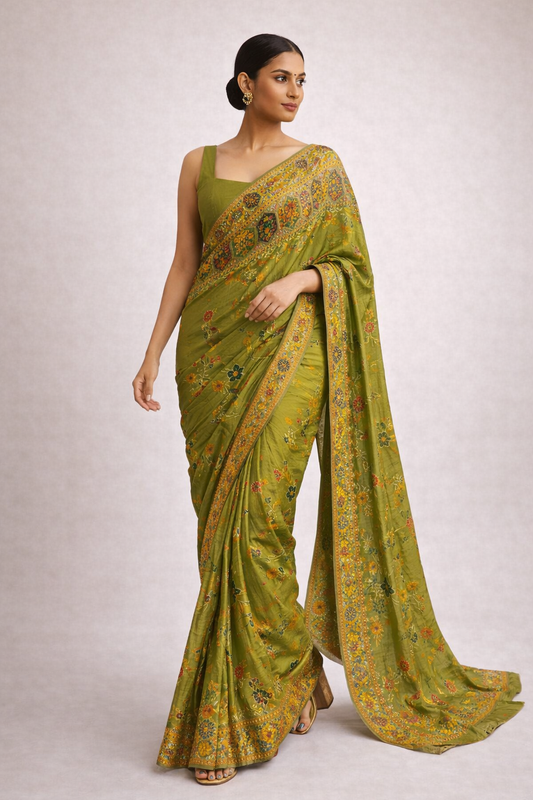 Olive Green Embroidered Saree