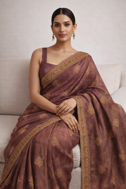 Cocoa Brown Embroidered Border Saree