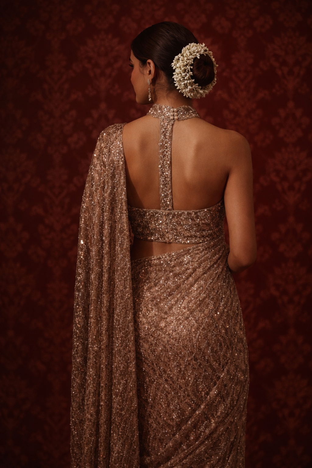 Champagne Sequin Halter Saree